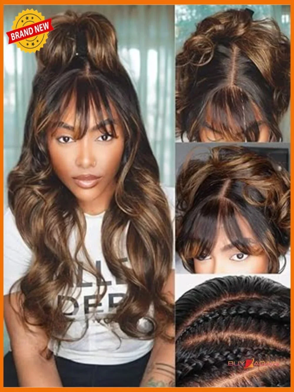 Loose Body Wave Human Hair Wig with Curtain Bangs 180% Density 18 inch Glueless